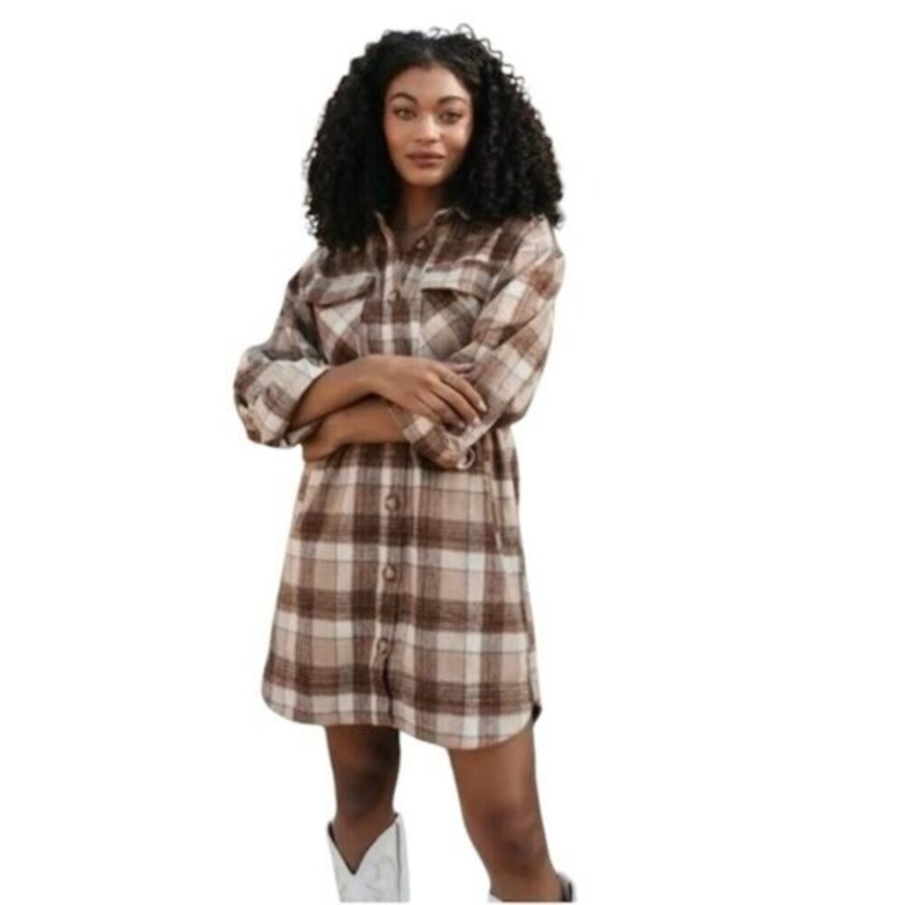 The Post beige brown flannel plaid button down‎ pocket dress shacket S